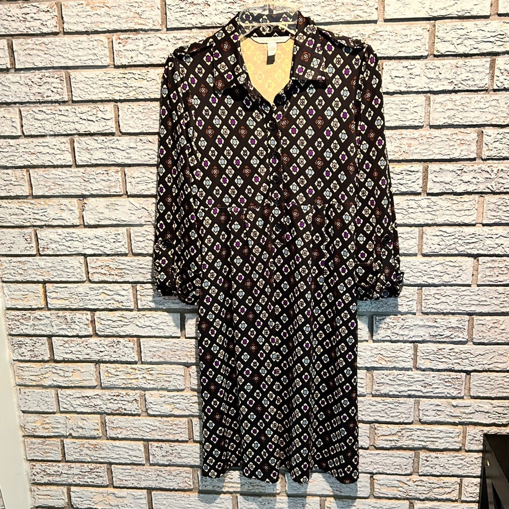 Diane von Furstenberg DVF Silk Geometric Diamond Print Shirt Dress Black Size 8